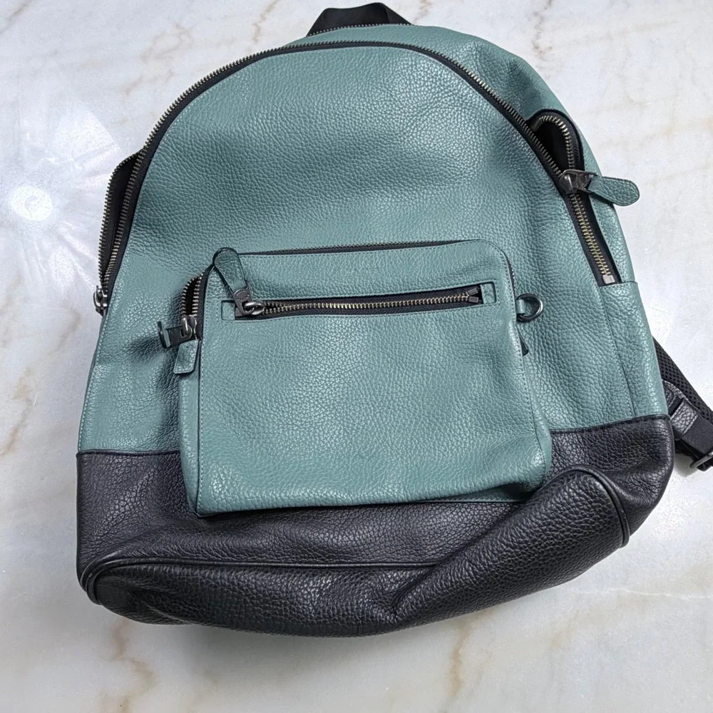 Coach West Backpack Teal Black Pebbled Leather F27287 Mens Bag